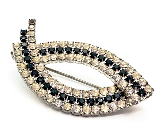 Art Deco Style Rhinestone Brooch Blue Clear Crystal Leaf Marquise SilverTone Pin