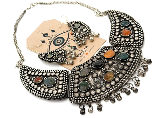 Vintage Statement Bib Necklace Set Silver Tone Ethnic Turkish Style Earrings