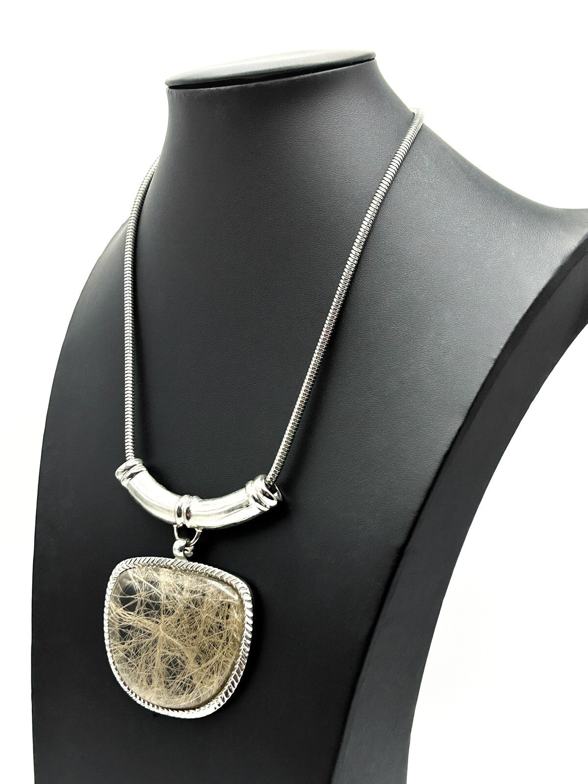 Silver Tone Statement Necklace with Faux Rutilated Quartz Pendant – 18.5”