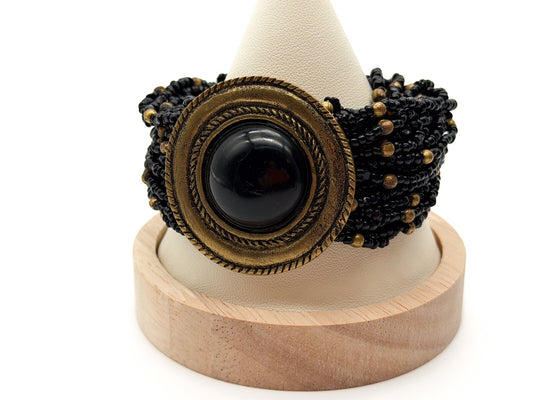 Vintage Chunky Black Seed Bead Bracelet Gold Tone Cabochon Statement Wide Cuff