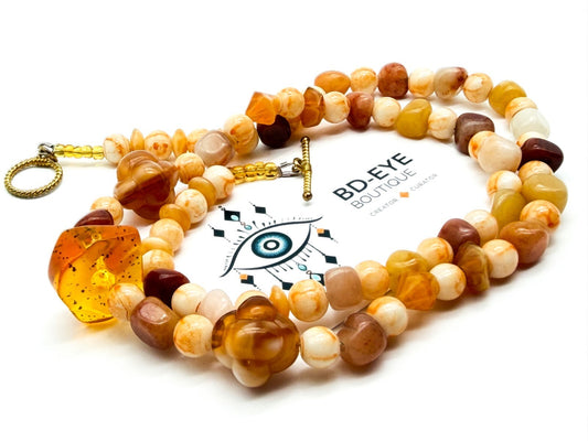 Agate & Faux & Amber Acrylic Beaded Necklace Gold Tone Toggle 25.5”