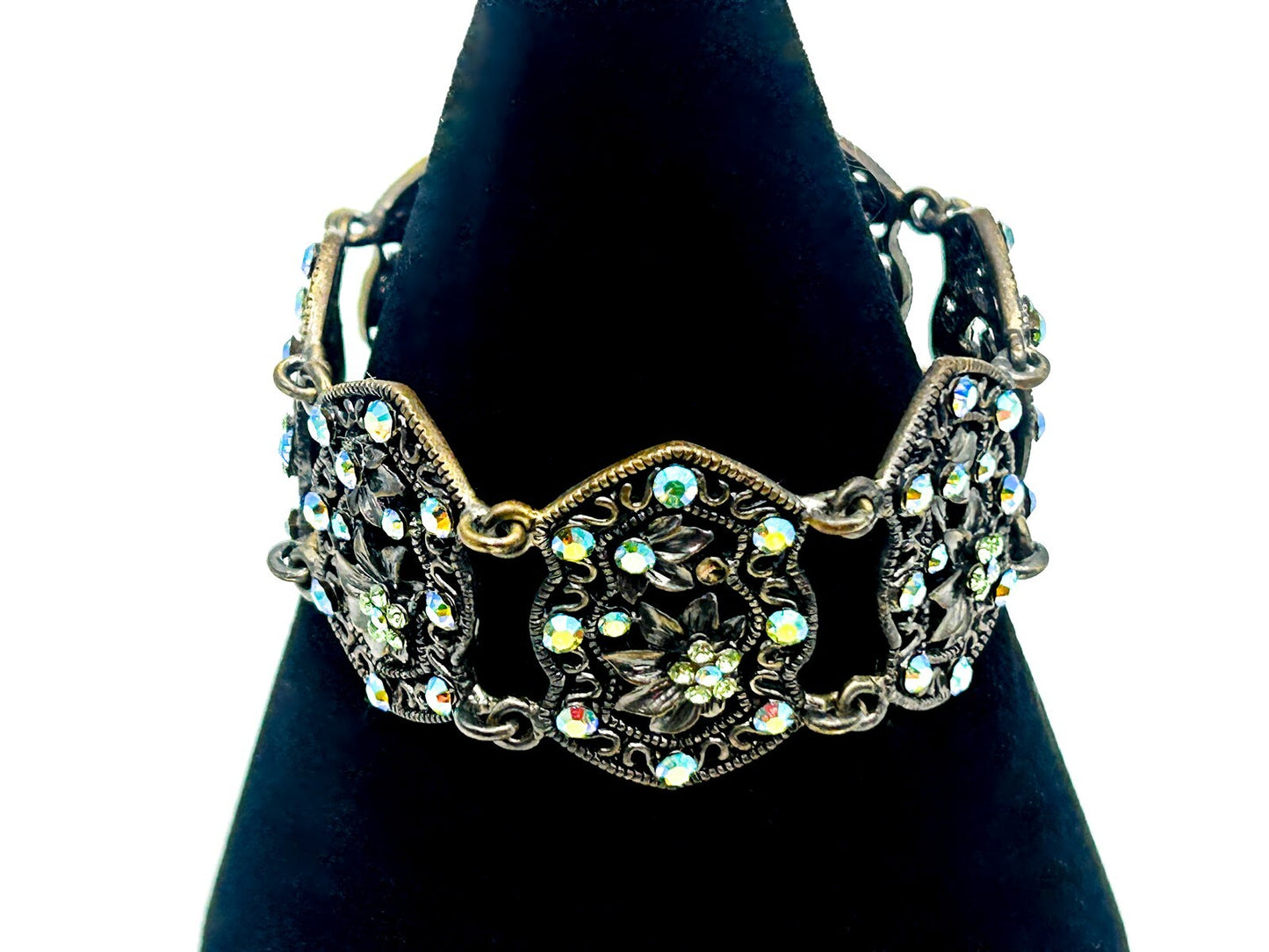 Vintage Filigree Panel Bracelet AB Rhinestone Floral Articulated 17cm