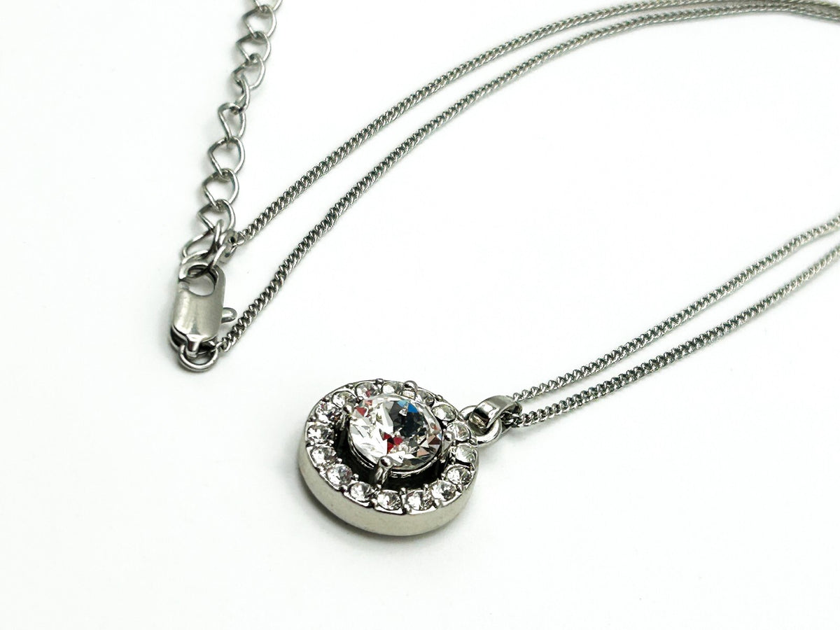 Silver Tone Crystal Halo Pendant Necklace – Round Solitaire with Pavé Frame