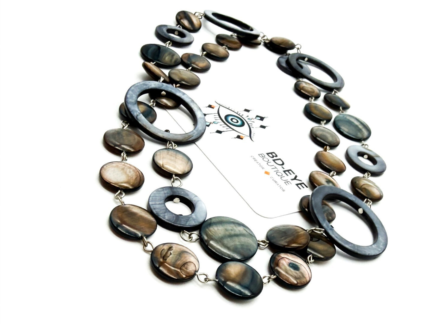 Long Shell Disc Hoop Long Necklace Grey Brown Iridescent Statement Unsigned M&S