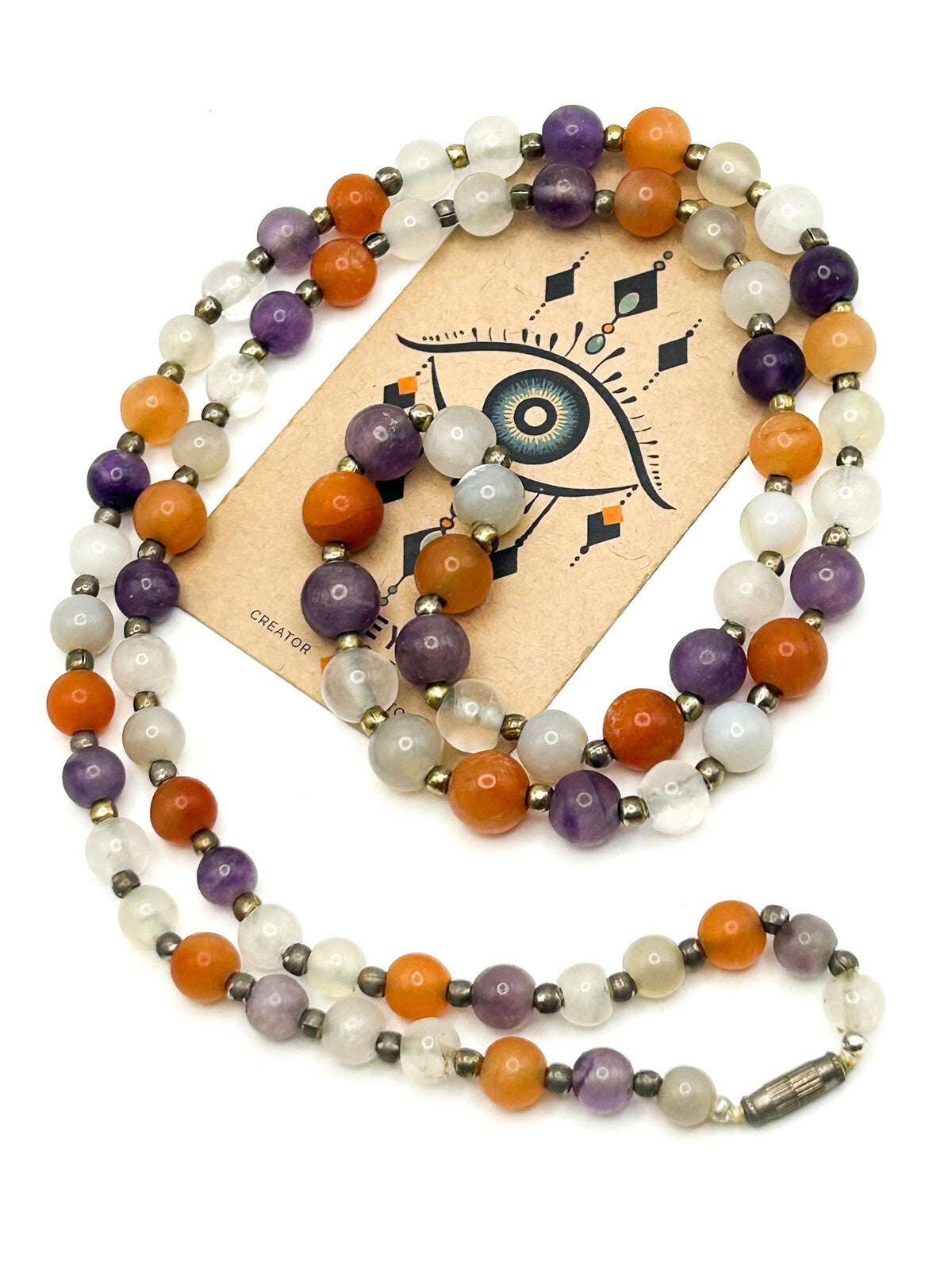 Vintage Carnelian, Amethyst & Quartz Gemstone Bead Necklace – 15” Orange Purple