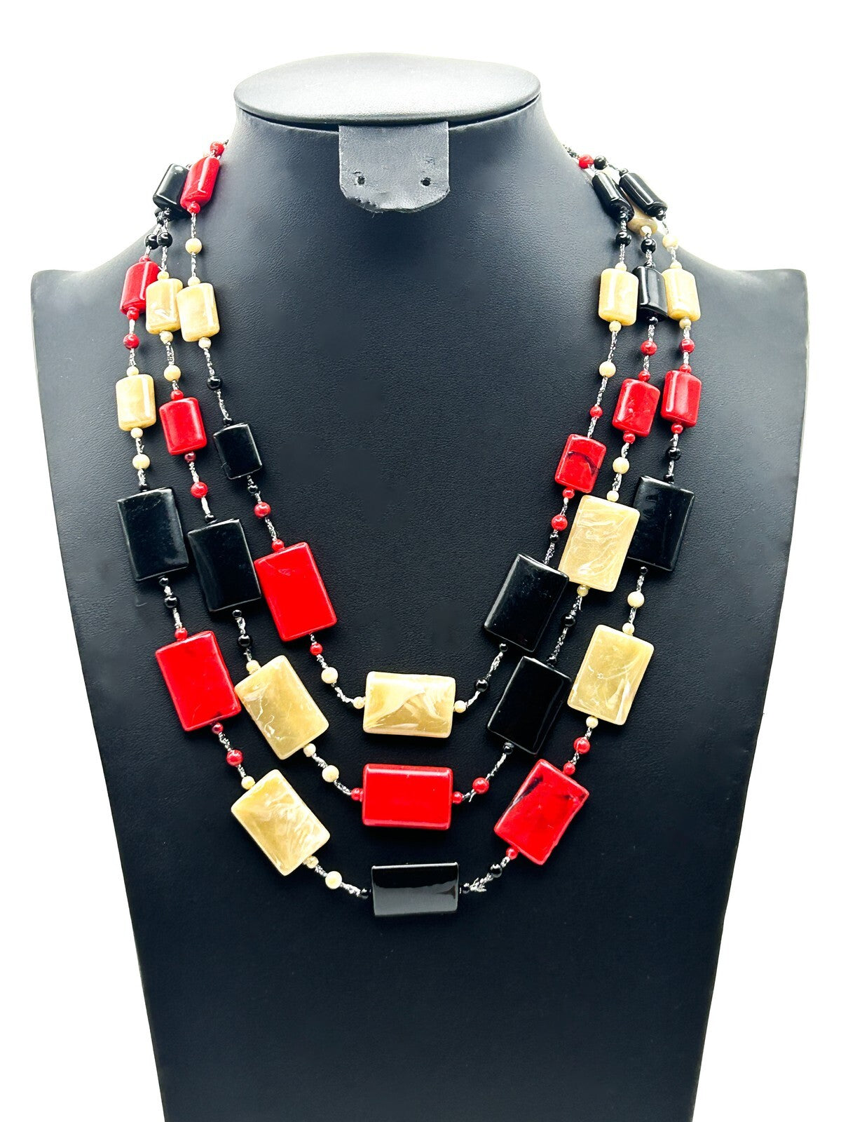 Vintage Klass Multi Strand Necklace Red Black Beige Acrylic Statement Necklace