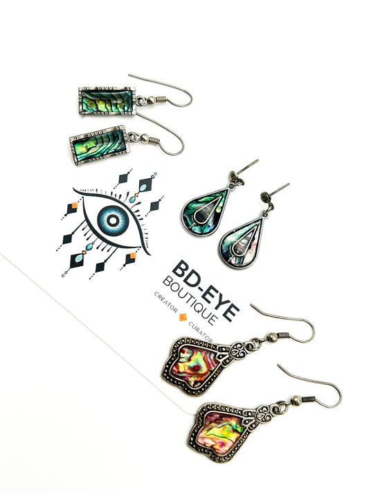 3Pairs Abalone Shell Earrings Iridescent Silver Tone Mixed Styles Teardrop Boho