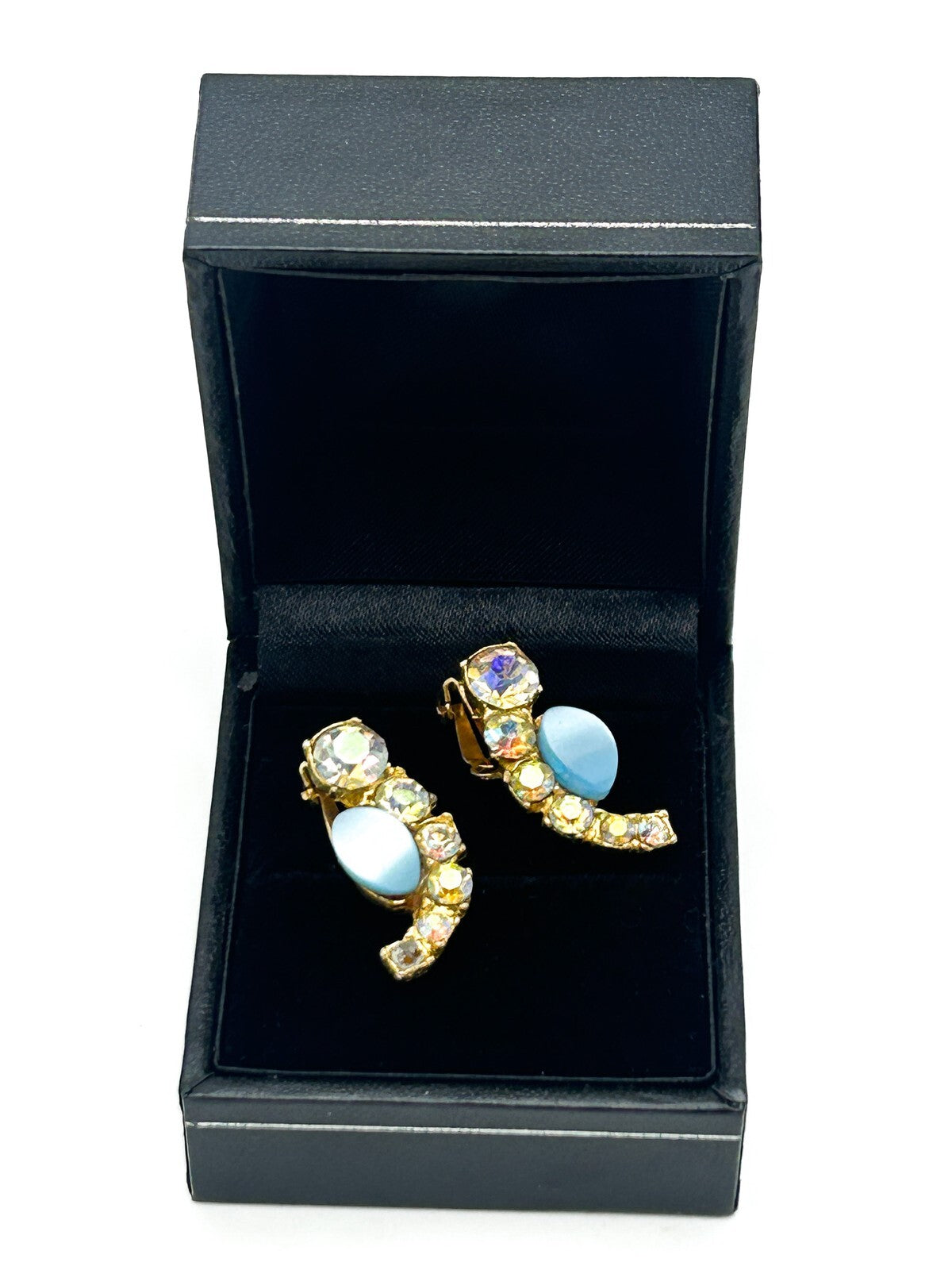 Vintage Blue Thermoset and Aurora Borealis Rhinestone Clip On Earrings