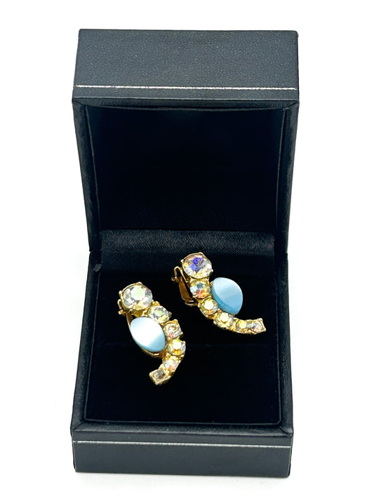 Vintage Blue Thermoset and Aurora Borealis Rhinestone Clip On Earrings