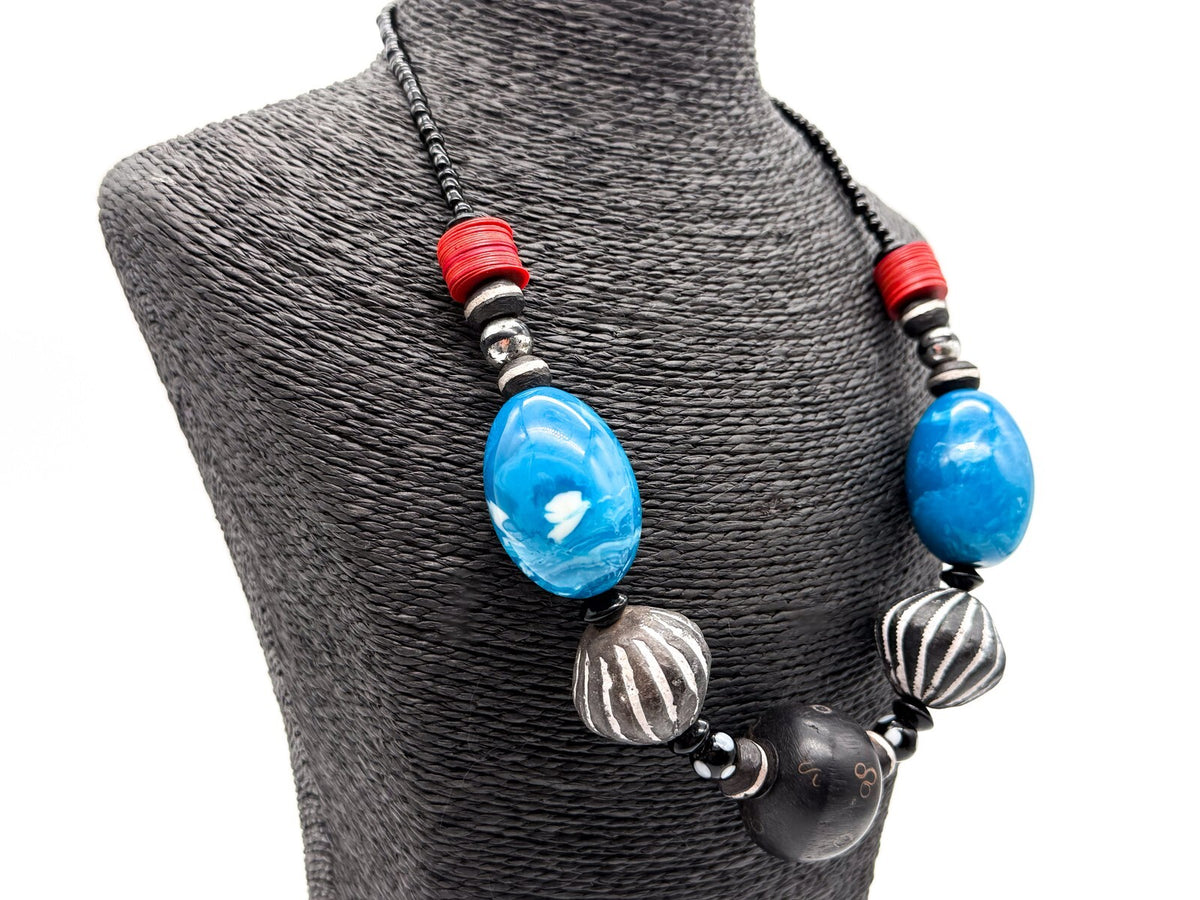 Chunky Blue Black Statement Necklace Carved Clay Beads Ethnic Style Wood 22”
