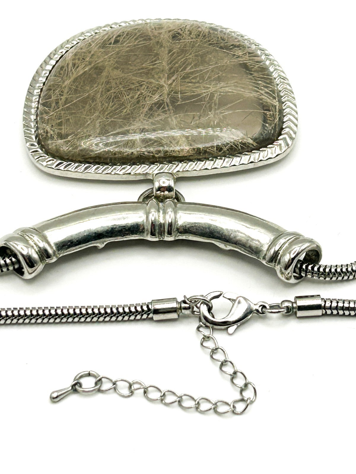 Silver Tone Statement Necklace with Faux Rutilated Quartz Pendant – 18.5”