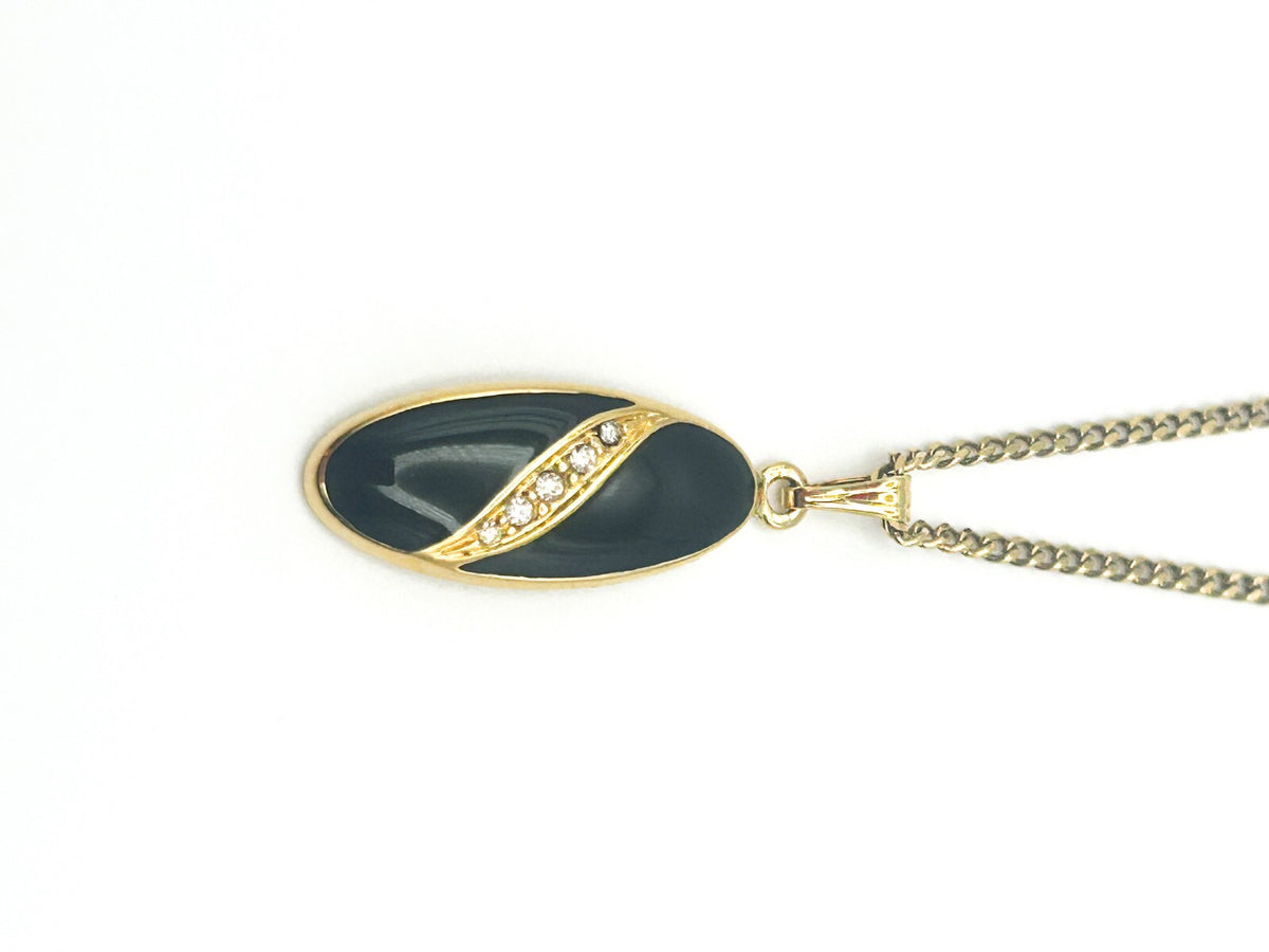 Vintage Avon Black Enamel, Rhinestone & Gold Tone Pendant Necklace 80s Style