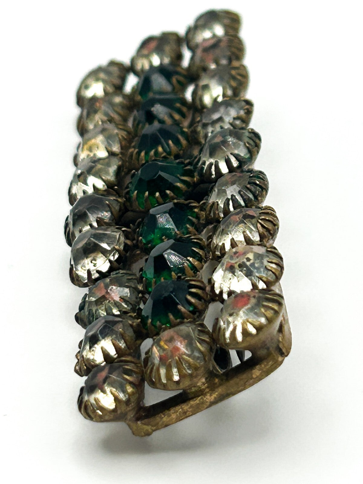 Vintage Green Rhinestone Brooch Bar Pin Clear Glass Art Deco