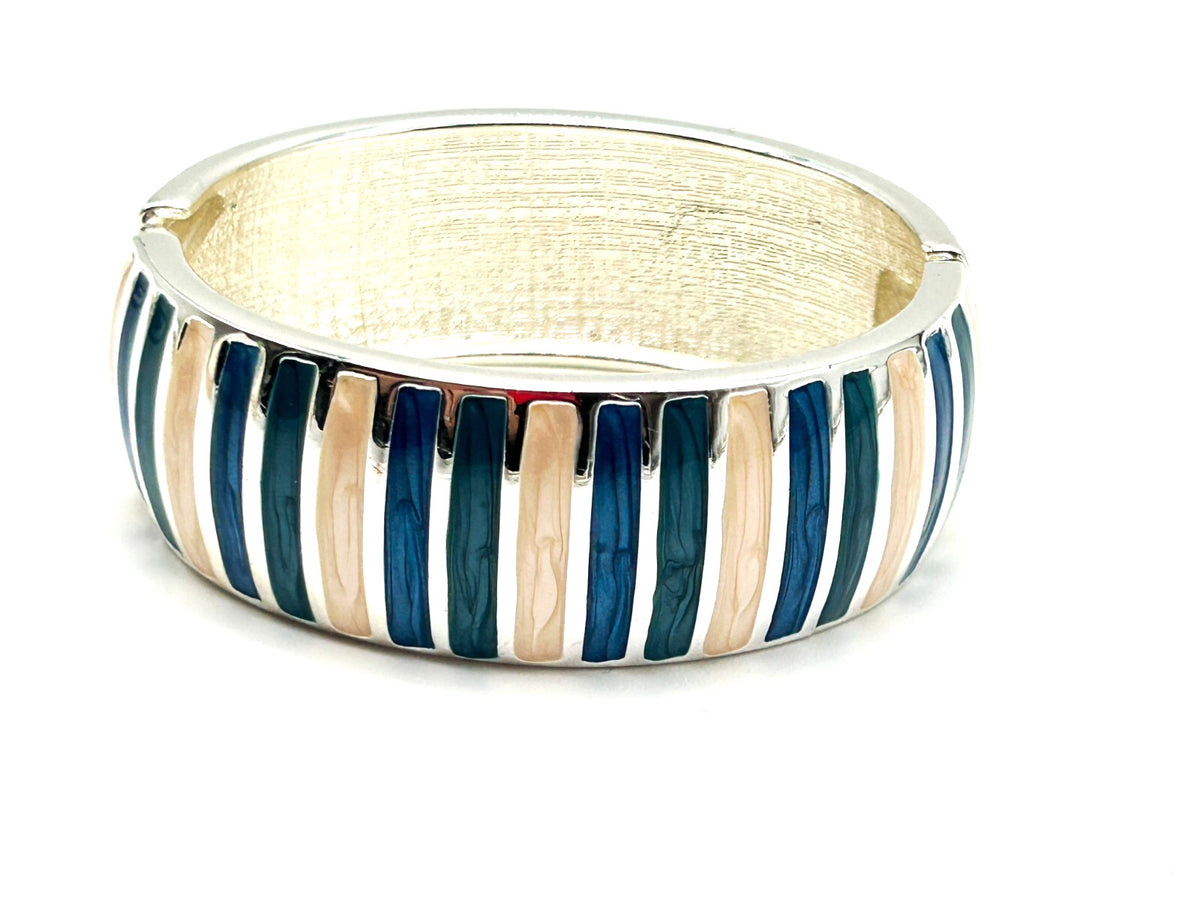 Vintage Y2K Blue Cream Enamel Clamper Chunky Bangle Silver Tone Bracelet Retro