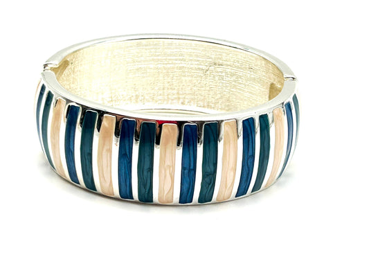 Vintage Y2K Blue Cream Enamel Clamper Chunky Bangle Silver Tone Bracelet Retro