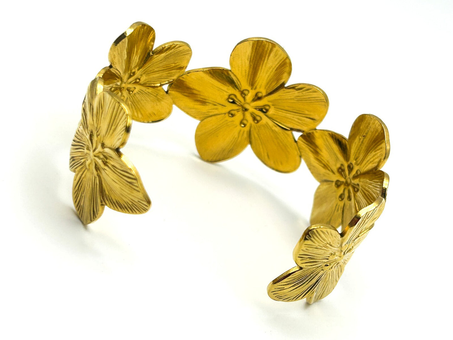 Gold Tone Flower Bangle Bracelet and Ring Set Adjustable Floral Statement Jewell