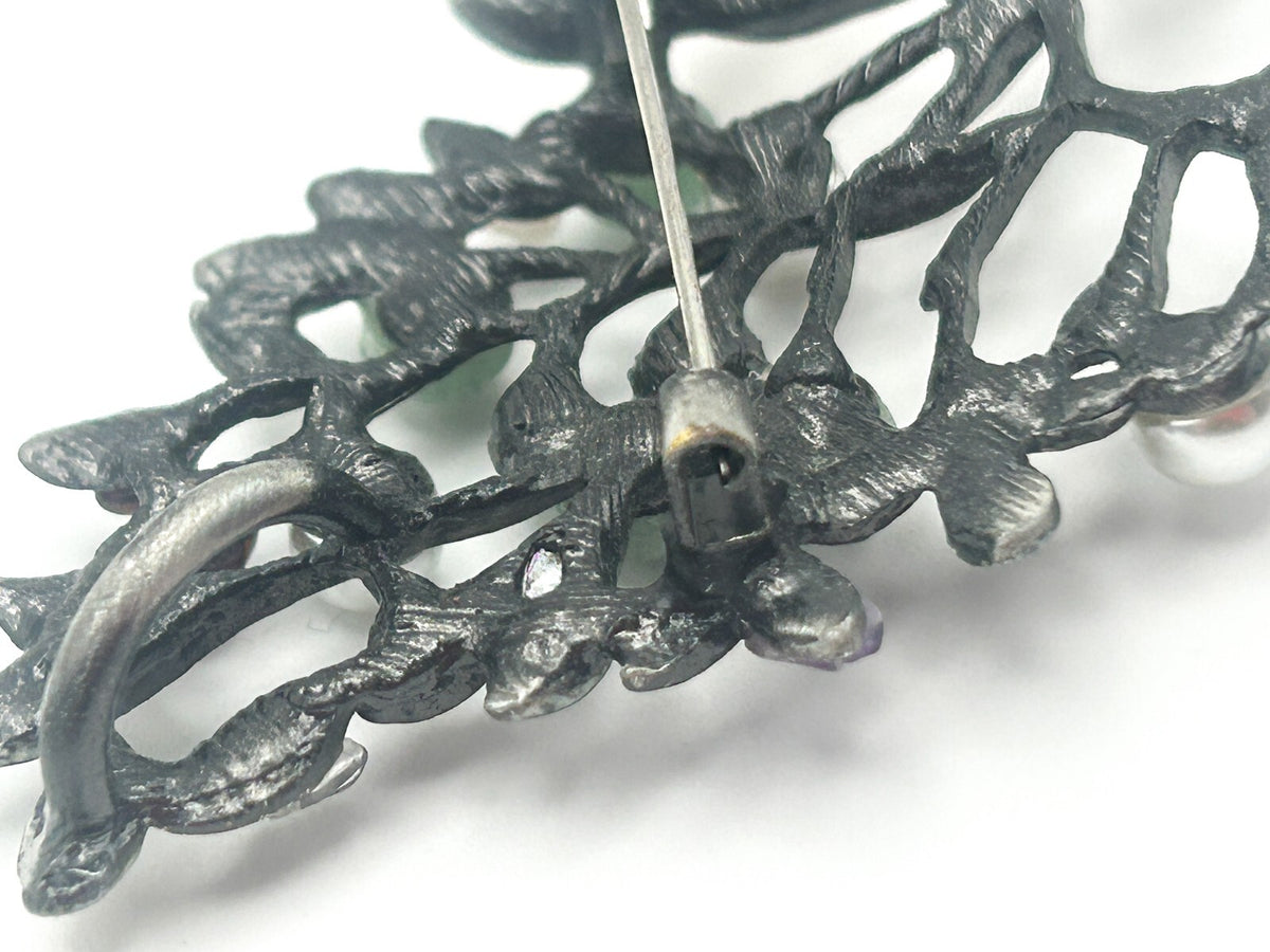 Pewter Leaf Tree Branch Gemstone Brooch - Aventurine, Faux pearl, Amethyst