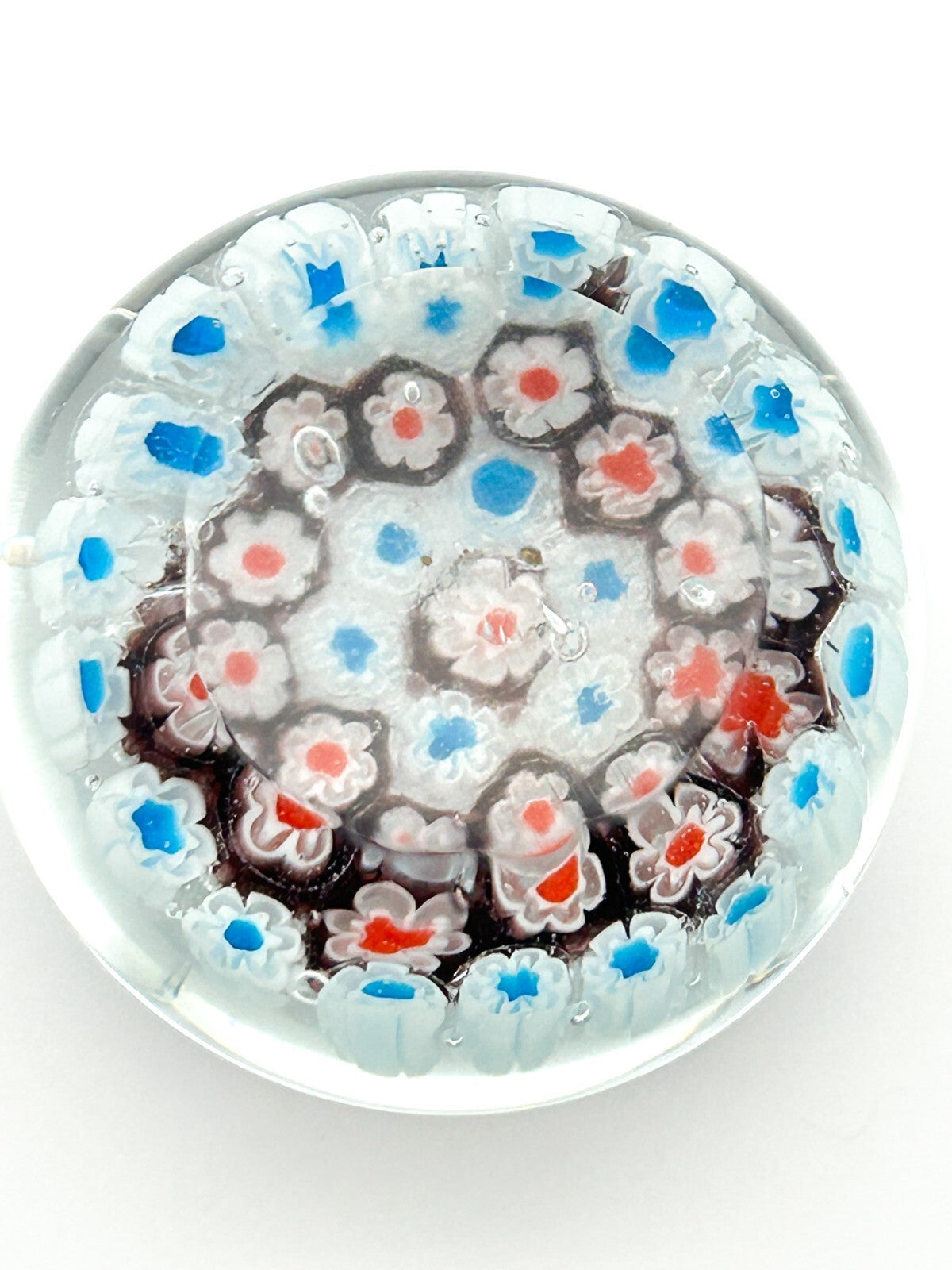 Vintage Millefiori Art Glass Paperweight Red White Blue Flower Floral Canes