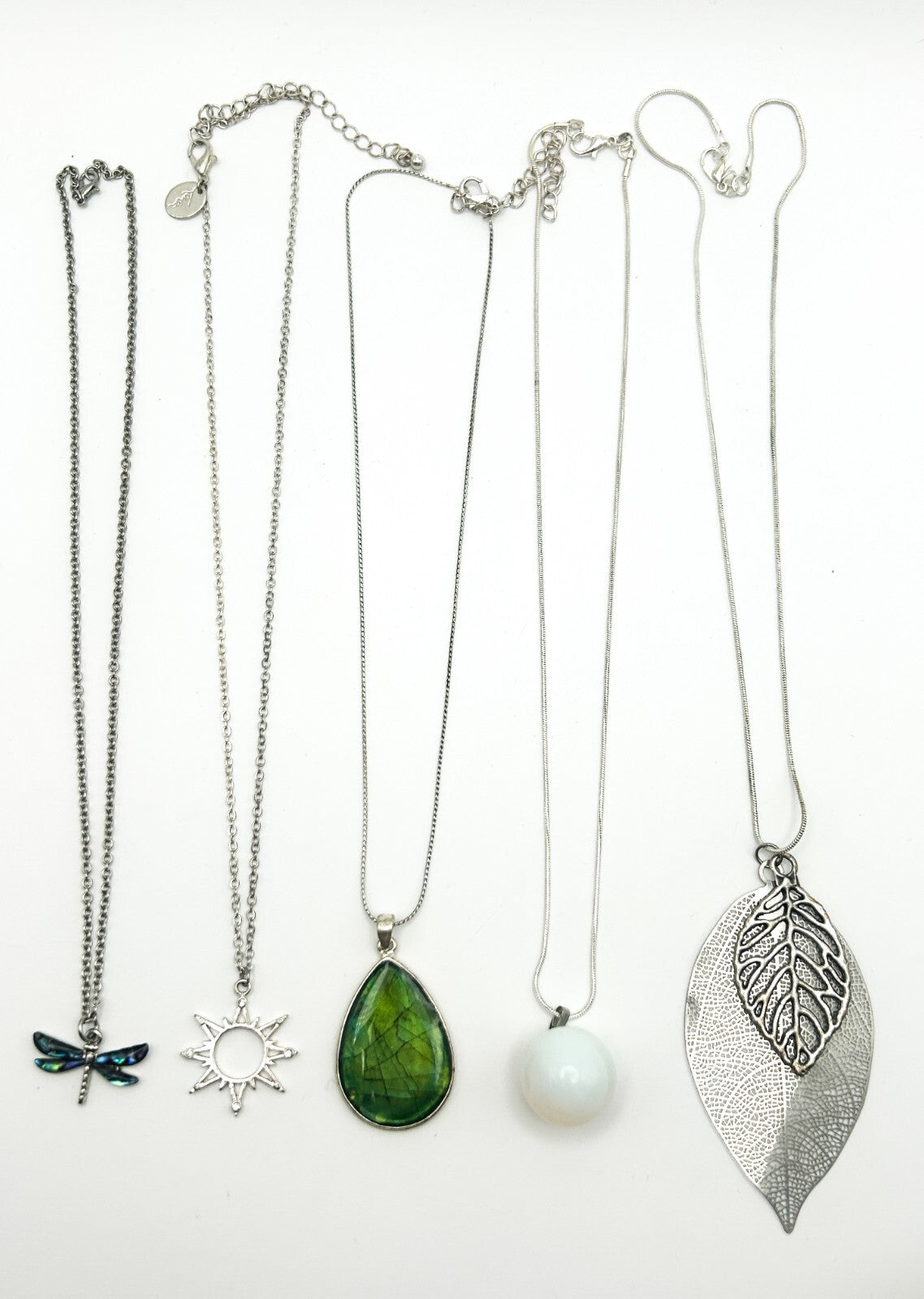 Silver Tone Pendant Necklace Bundle Dragonfly Sun Leaf Gemstone x5