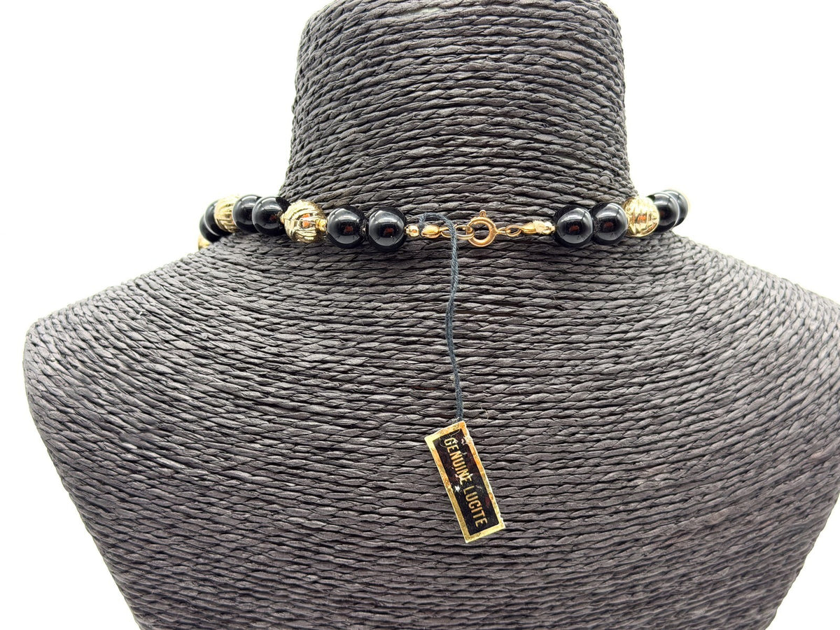 Vintage Black Gold Beaded Necklace Lucite Statement Chunky Beads 19”