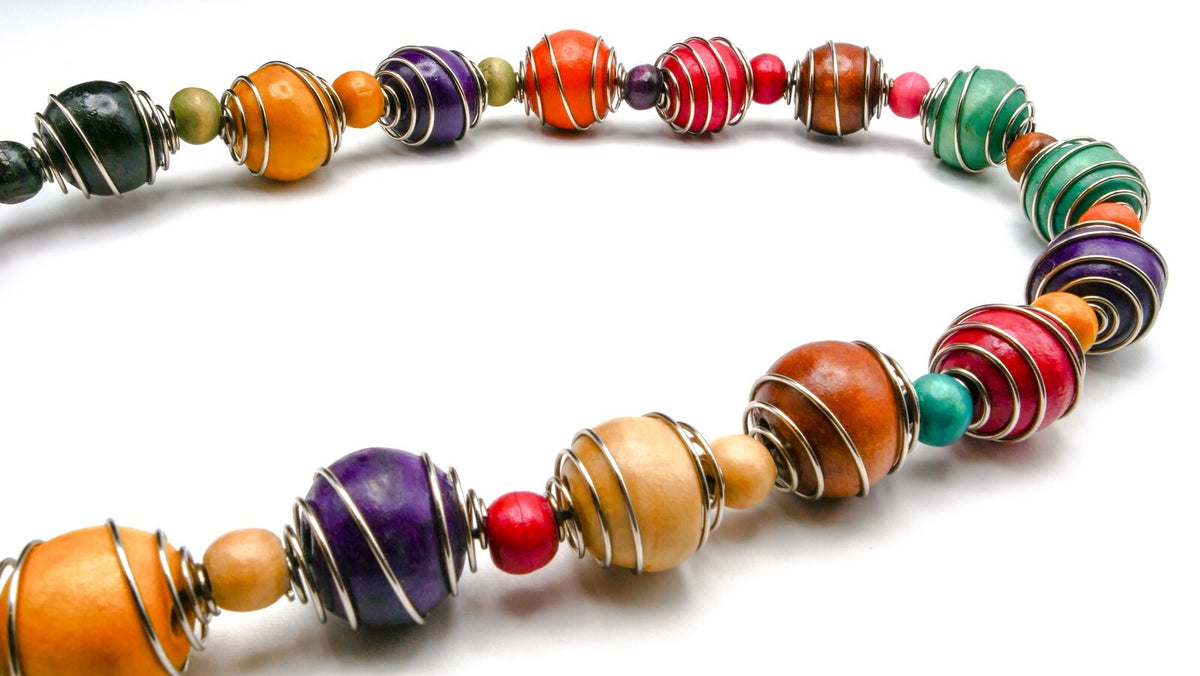 Rainbow Wire Wrapped Wood Necklace | Boho, Festival, 90s, Statement, VTG