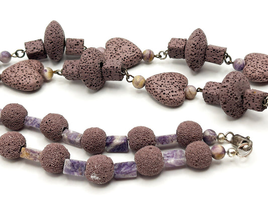 Dyed Purple Lava & Amethyst Bead Necklace – Hearts, Rounds  Cubes