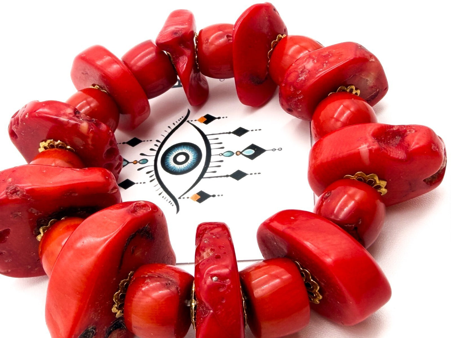 Chunky Red Coral Bracelet Elastic Stretch Statement Bracelet Gold Tone 103g