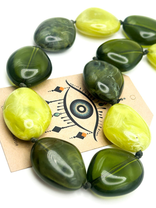 Vintage Green Marble-Effect Acrylic Bead Necklace on Brown Suedette Cord