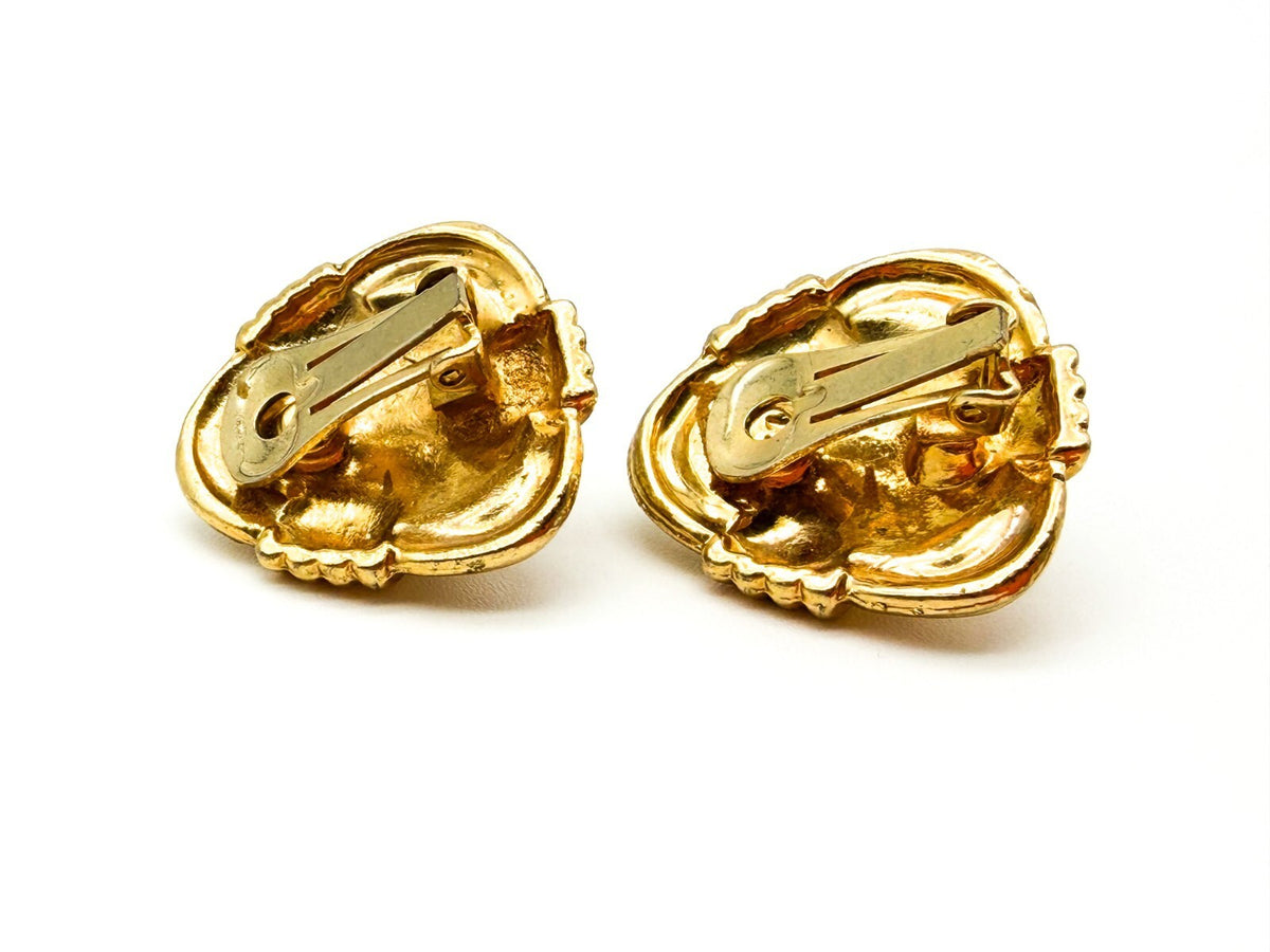 Vintage Gold Tone Faux Pearl Rhinestone Clip On Earrings Statement 1980s Retro