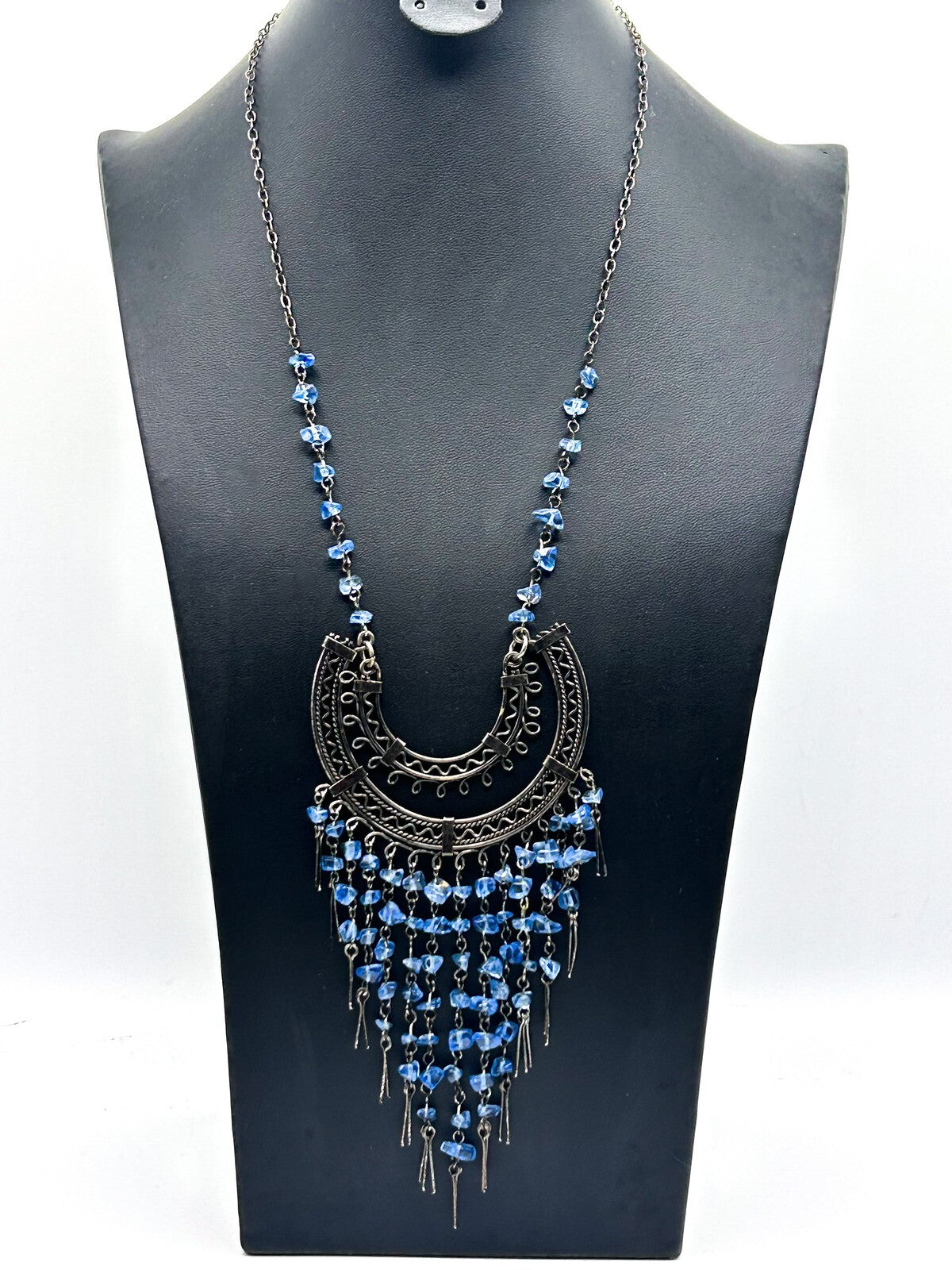 Gunmetal Chain Tassel Necklace with Blue Glass Chips – 20.5in