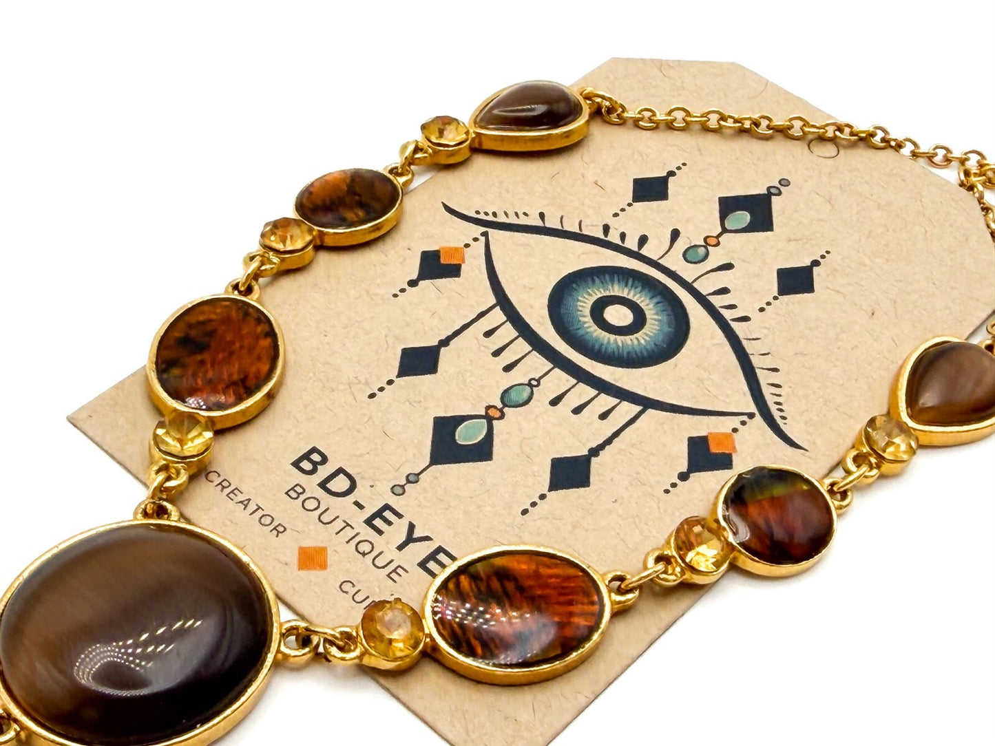 Gold Tone Y-Drop Necklace with Brown Cat’s Eye & Iridescent Orange Cabochons