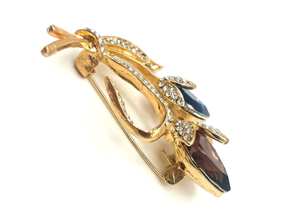 Vintage Gold Tone Double Tulip Crystal Flower Brooch Blue & Mauve Floral Design