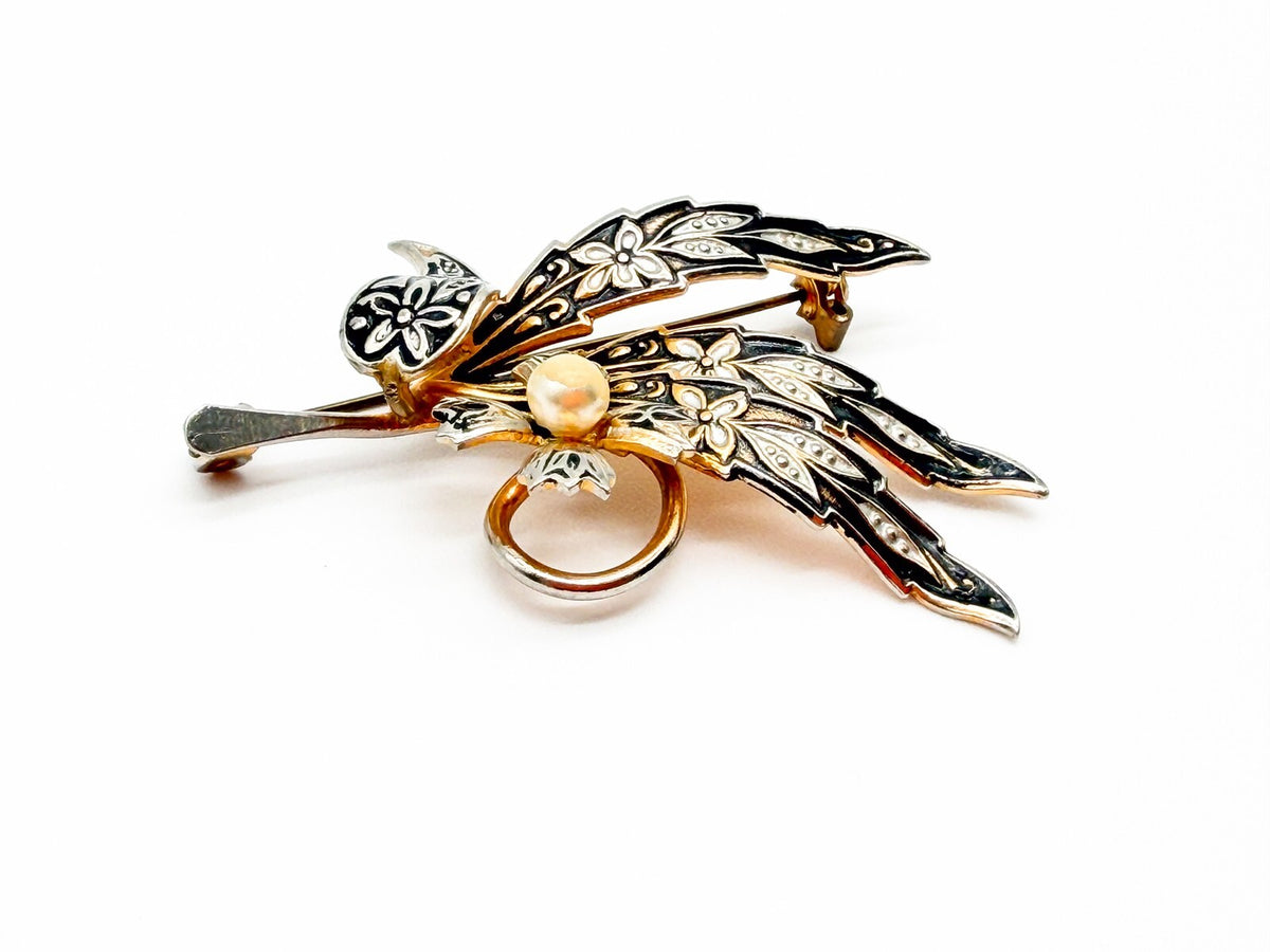 Toledo Damascene Leaf Brooch Gold Inlay Floral Vintage Spanish Pin 5.5cm