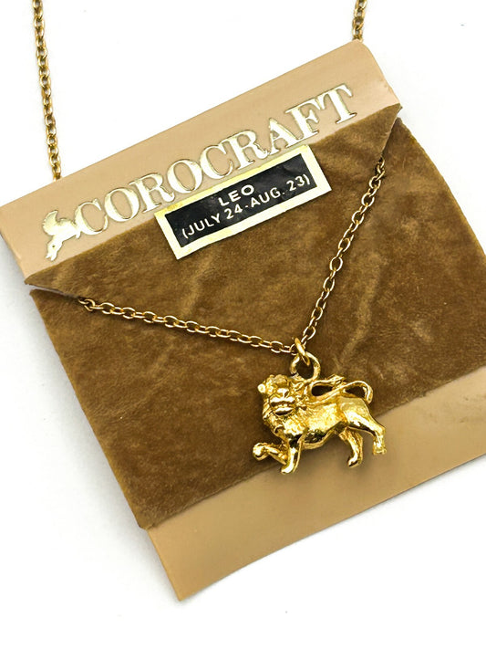 Corocraft Leo Zodiac Necklace Gold Tone Lion Pendant Vintage On Original Card