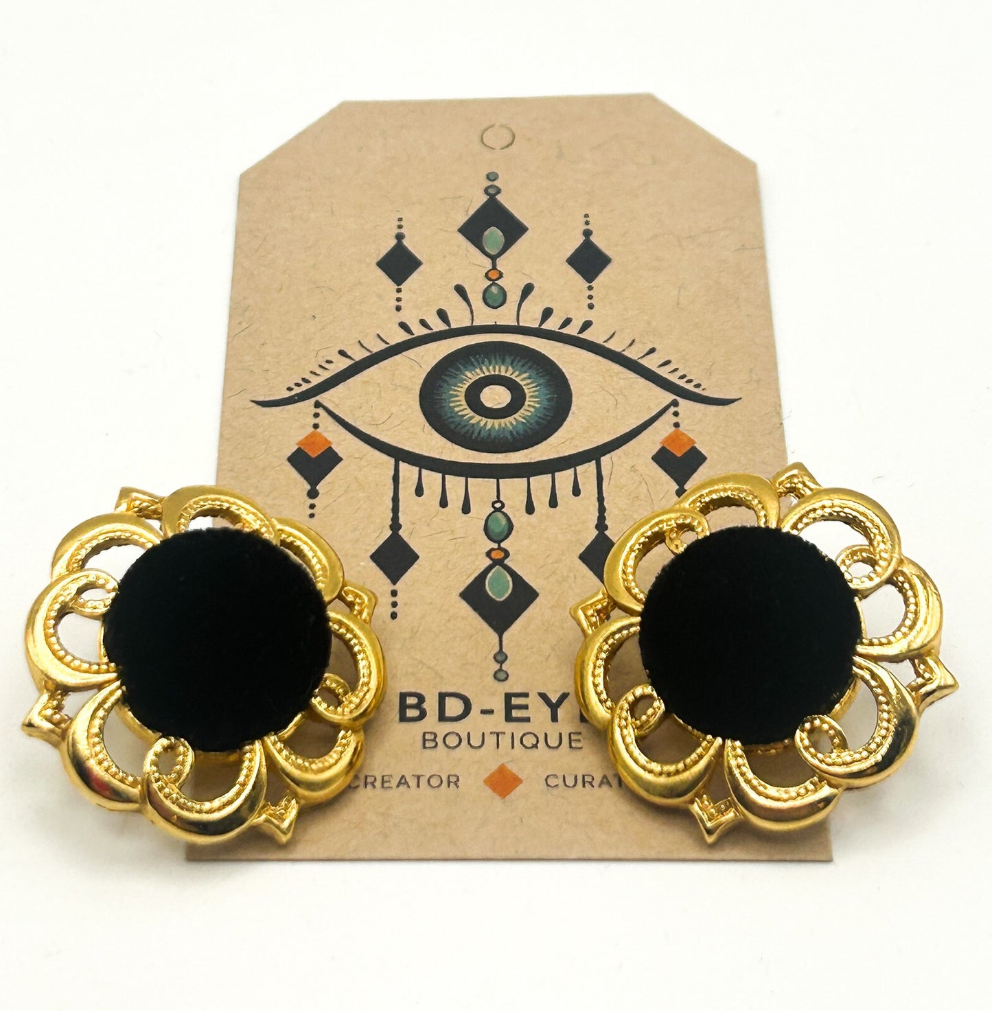 Black Velvet & Gold Tone Floral Stud Earrings – 3cm