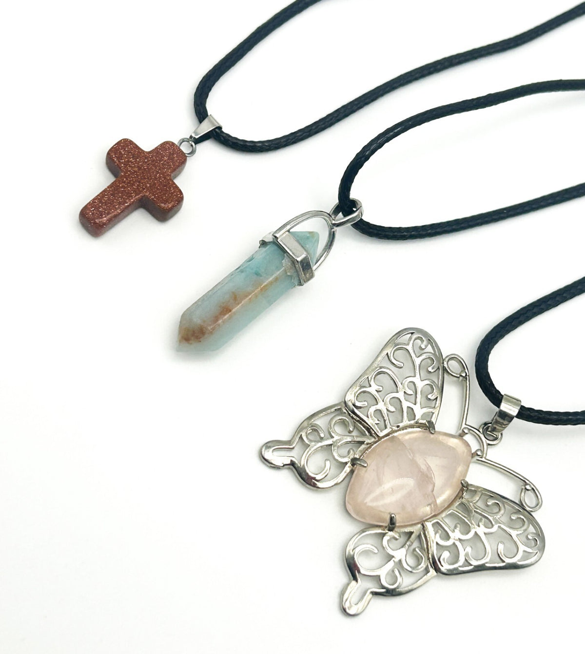 Gemstone Pendant Necklace Bundle – Goldstone Cross, Rose Quartz Butterfly & Aqua