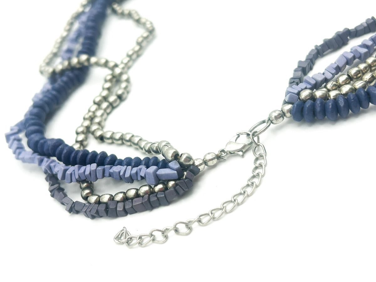 Vintage Multi-Strand Blue & Silver Glass Bead Torsade Necklace