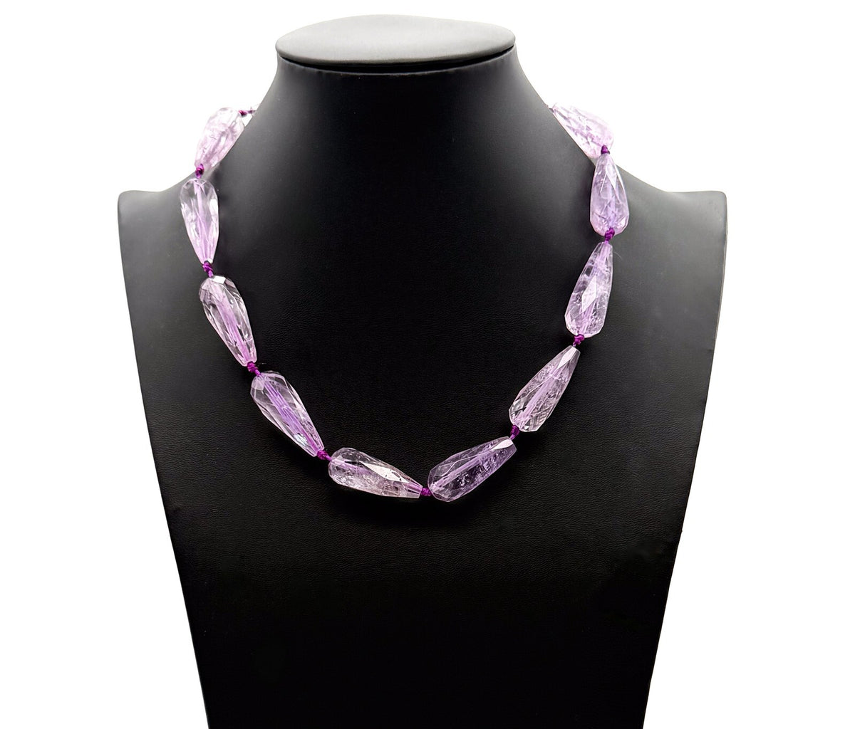 Amethyst Teardrop Necklace Faceted Beads Hand Knotted 18” Statement - Purple