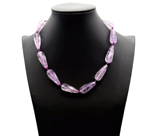 Amethyst Teardrop Necklace Faceted Beads Hand Knotted 18” Statement - Purple