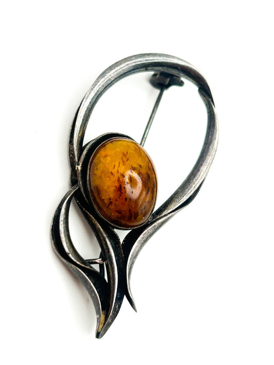 Vintage Baltic Amber 925 Sterling Silver Mid-Century Modernist Brooch Marked MG