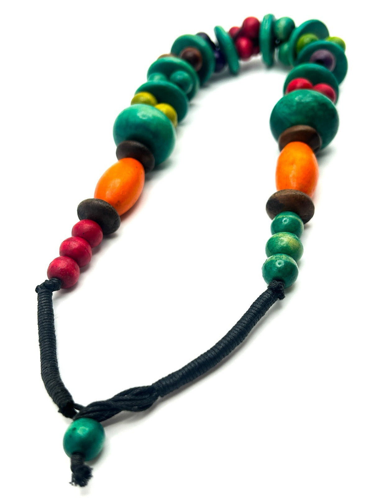 Vintage Multicolour Wooden Bead Necklace with Disc Spacers and Toggle Clasp