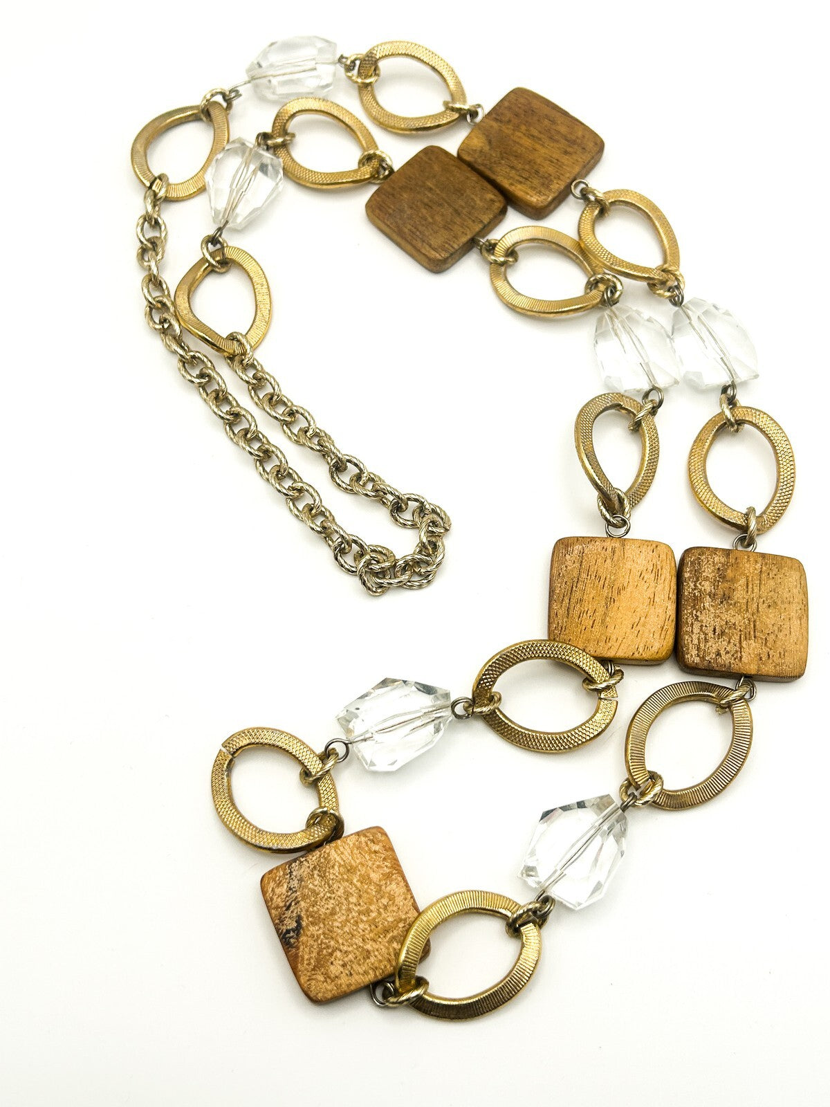Long Linked Wood, Gold Tone & Clear Acrylic Statement Necklace