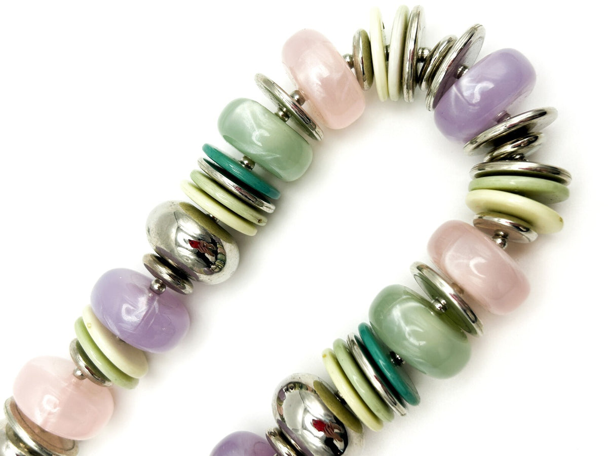 Vintage 90s-Y2K M&S Pastel Disc Bead Necklace with Silver Tone Spacers