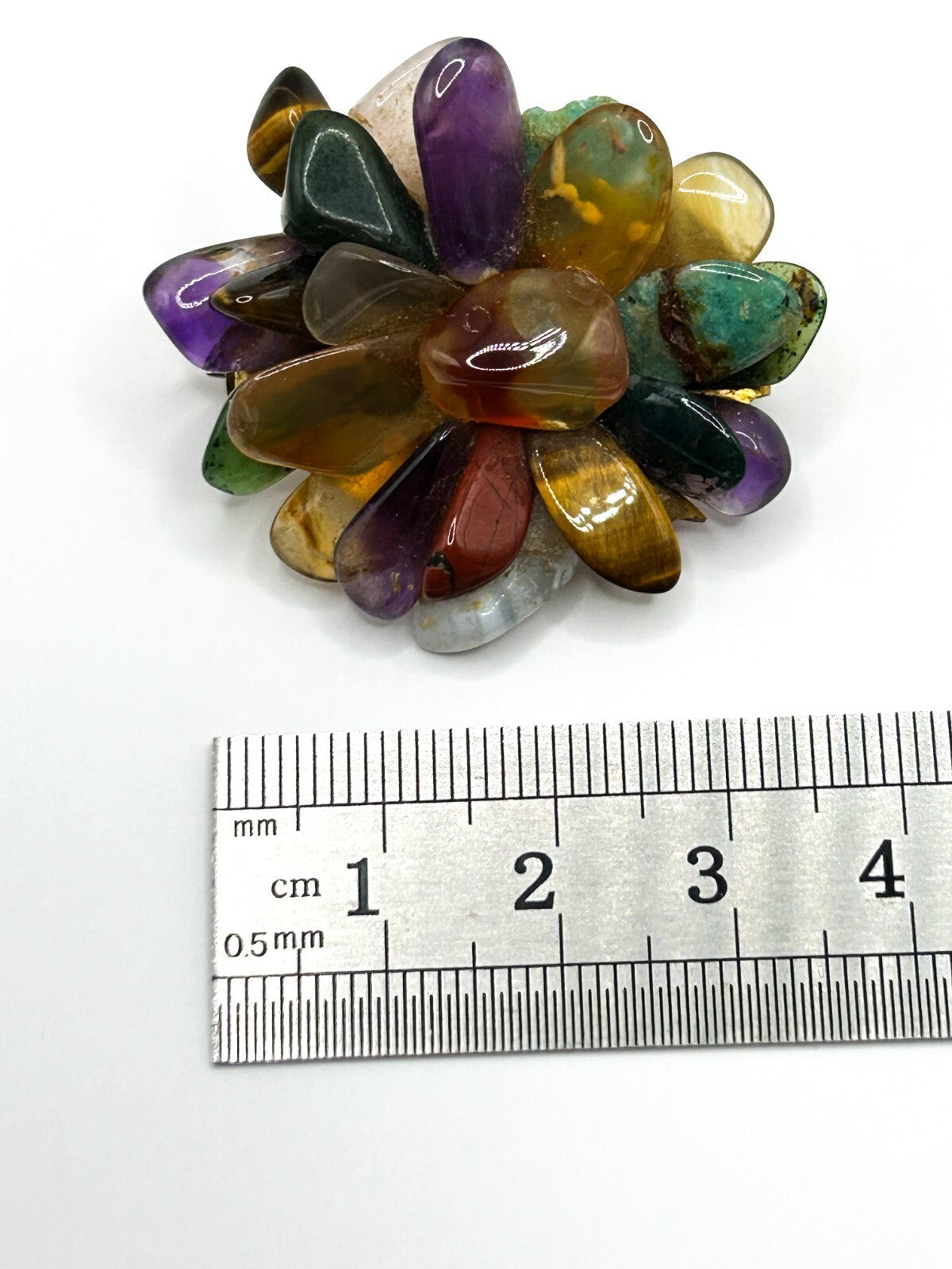Vintage Semi Precious Gemstone Cluster Brooch Amethyst Carnelian Tigers Eye