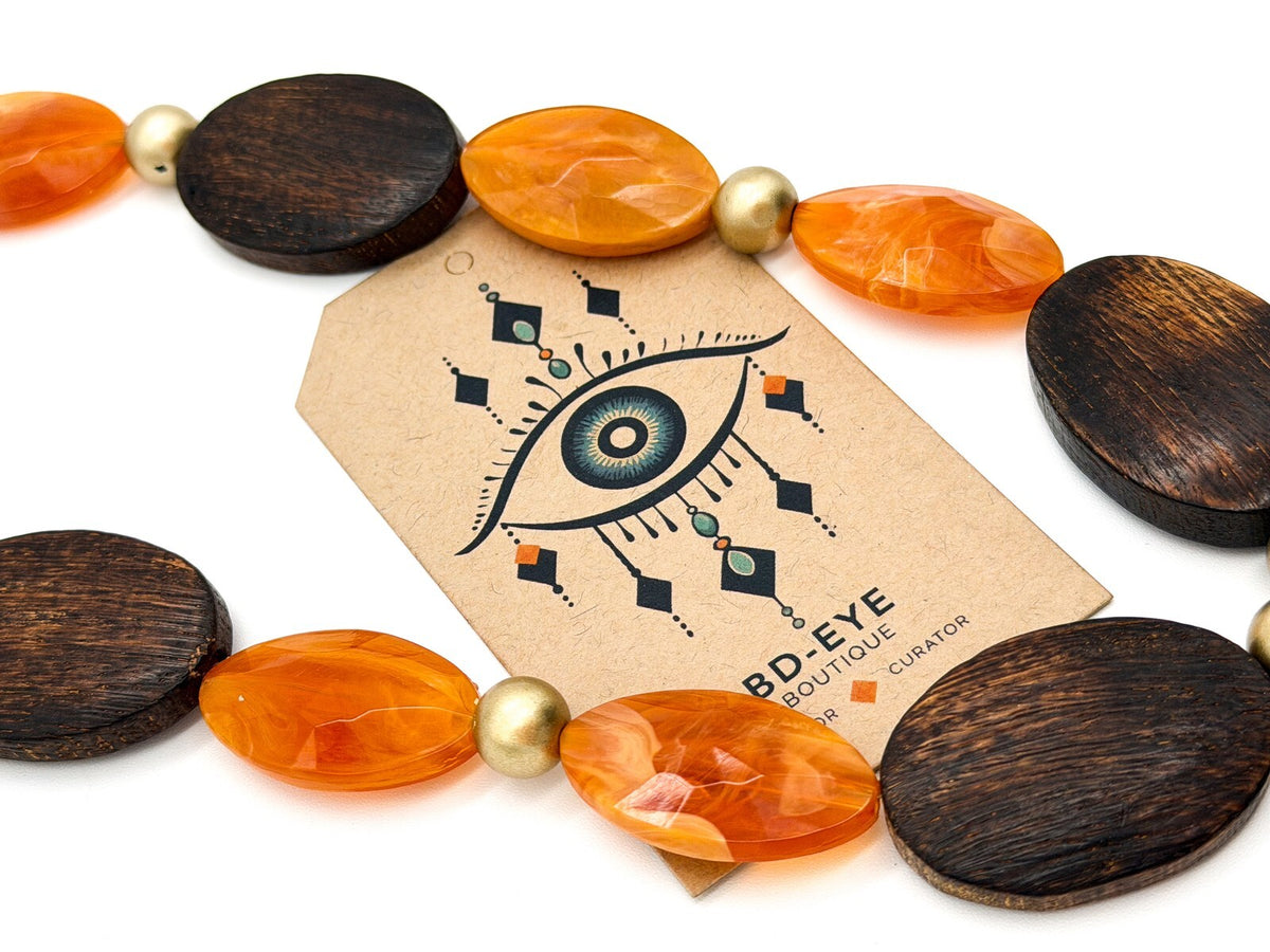 Marbled Orange Acrylic & Wooden Bead Statement Necklace with Gold Tone Spacers