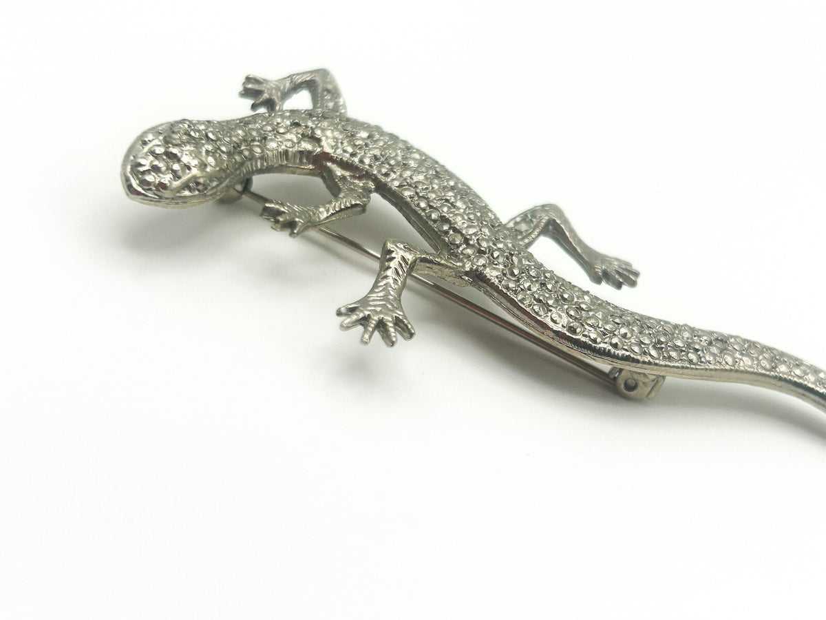 Vintage Silver-Tone Pavé Lizard Brooch - Animal Pin