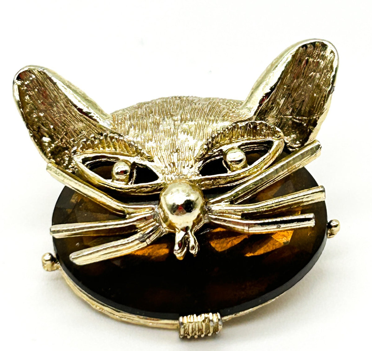 Vintage Purple Rhinestone Cat & Gold Tone Cat Head Brooches Figural Pin