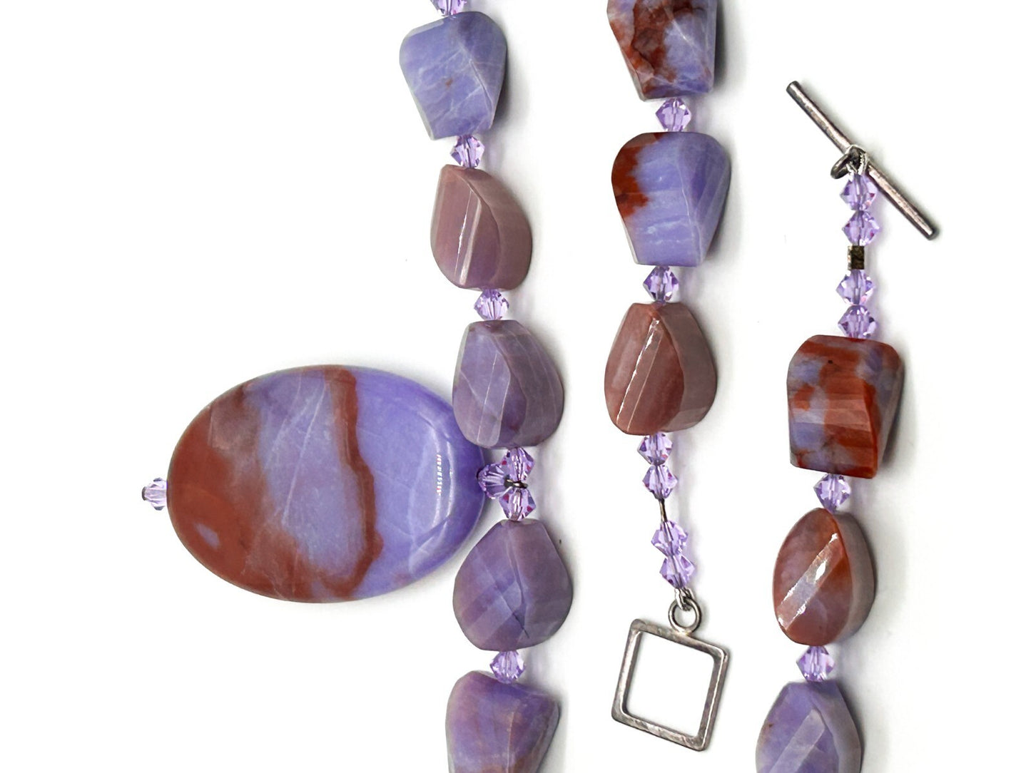 Banded Agate Pendant Necklace Violet Purple 925 Sterling Silver Toggle 18” Boho