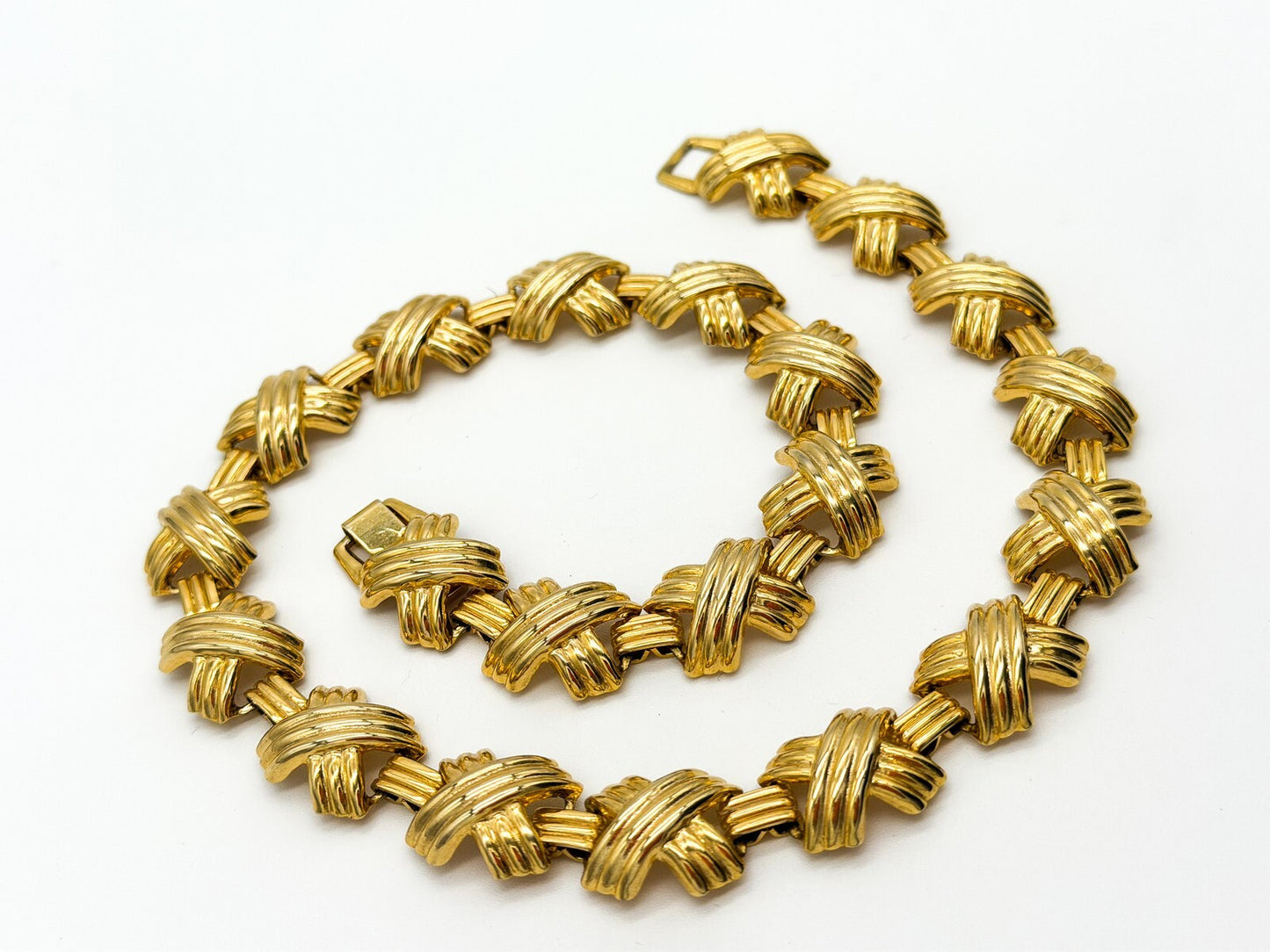 Gold Tone Ribbed X Link Articulated Statement Necklace 18” 80s Napier Inspired