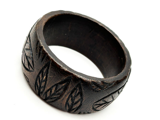 Vintage Hand Carved Wood Bangle Flower Leaf Design Rustic Bracelet Floral Boho